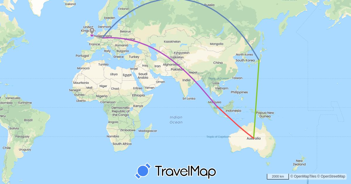 TravelMap itinerary: driving, plane, cycling, train, hiking, electric vehicle in Australia, Germany, United Kingdom, Japan, Singapore (Asia, Europe, Oceania)